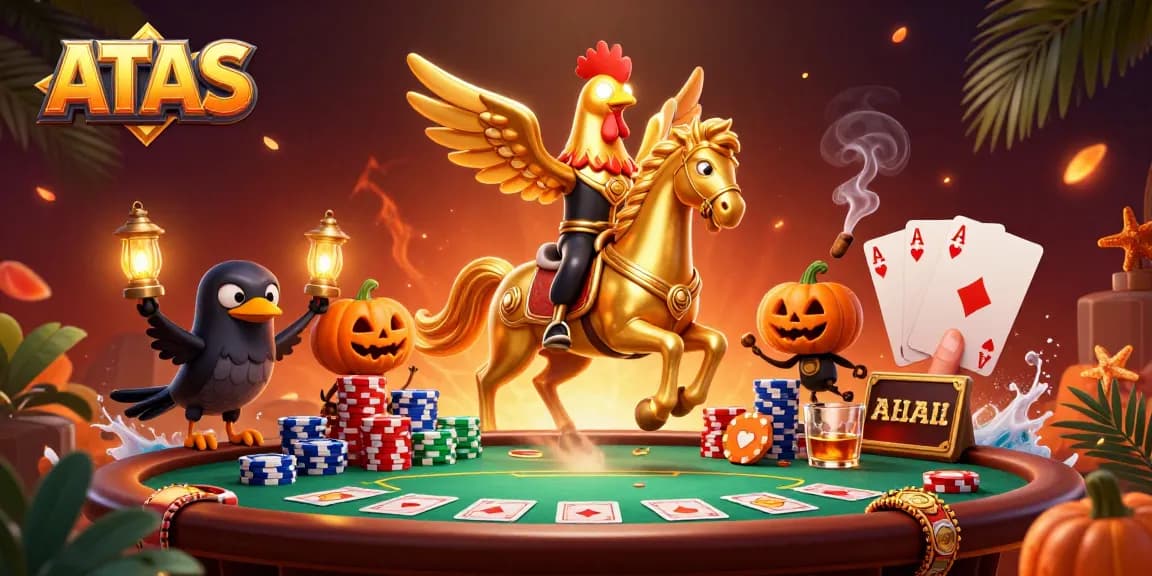 Engage with the vibrant ATAS casino scene showcasing a golden rooster hero in a thrilling poker atmosphere.