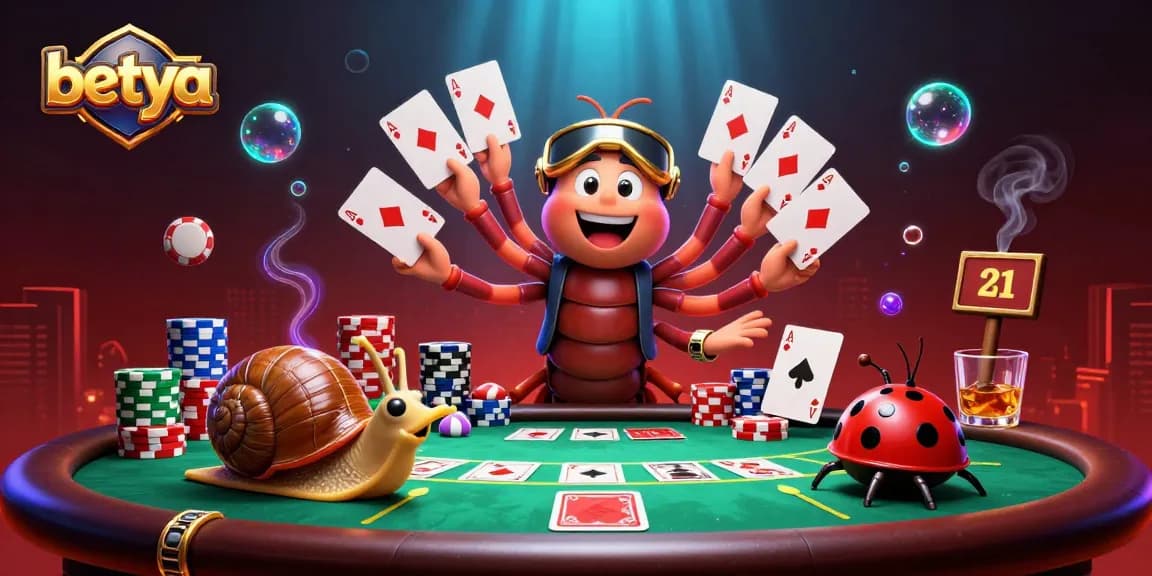 Engage in exciting bets with betya featuring a cartoon millipede dealer and high-rolling snail at a poker table.