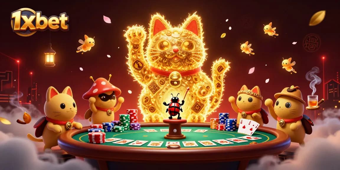 Experience the excitement of 1x bet with a giant lucky cat surrounded by vibrant casino elements.