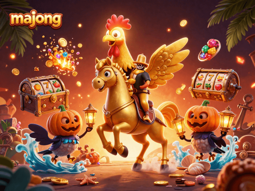 Experience the excitement of mahjong as a golden rooster in a midnight casino setting with vibrant slot gaming elements.