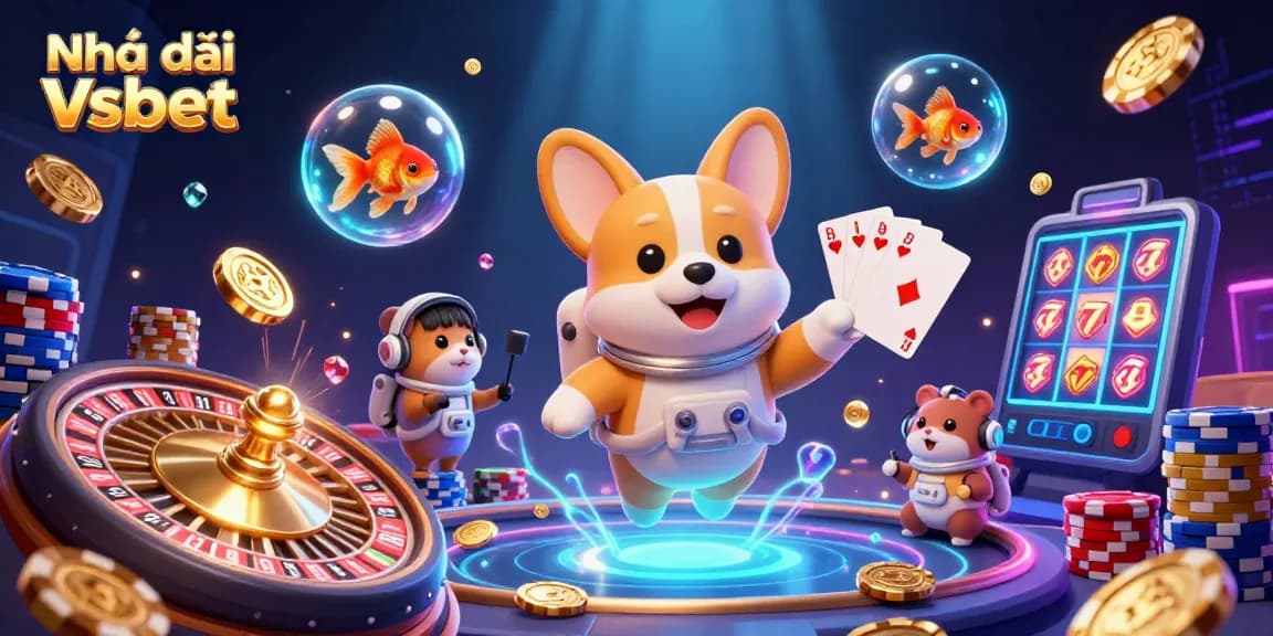 Engage with Nhà cái Vsbet amidst a vibrant casino scene featuring a floating astronaut corgi and dynamic game elements.