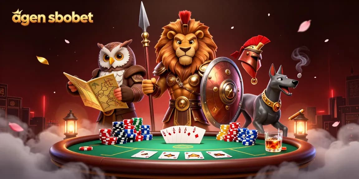 Engage with agen sbobet in an exciting scene featuring a Spartan lion, strategic owl, and swift greyhound in a rich casino atmosphere.