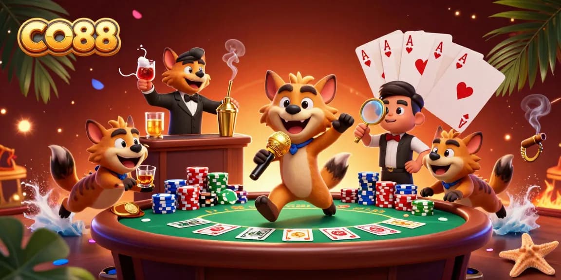 Engage with CO88's vibrant comedy casino scene featuring hyenas at a lively poker night.