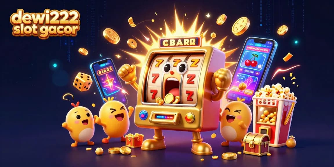 Dewi222 slot gacor illustration showcasing a golden slot machine celebrating a jackpot with cheering baby machines and exciting casino elements.