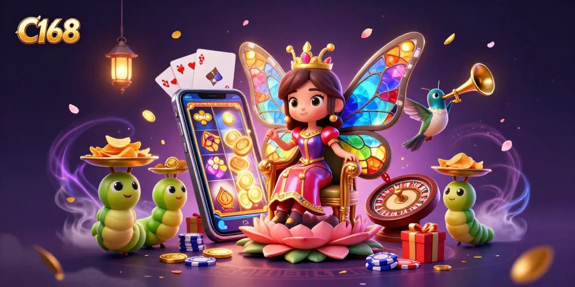 C168 offers an enchanting gaming experience with a vibrant casino scene featuring a multi-coloured butterfly queen.