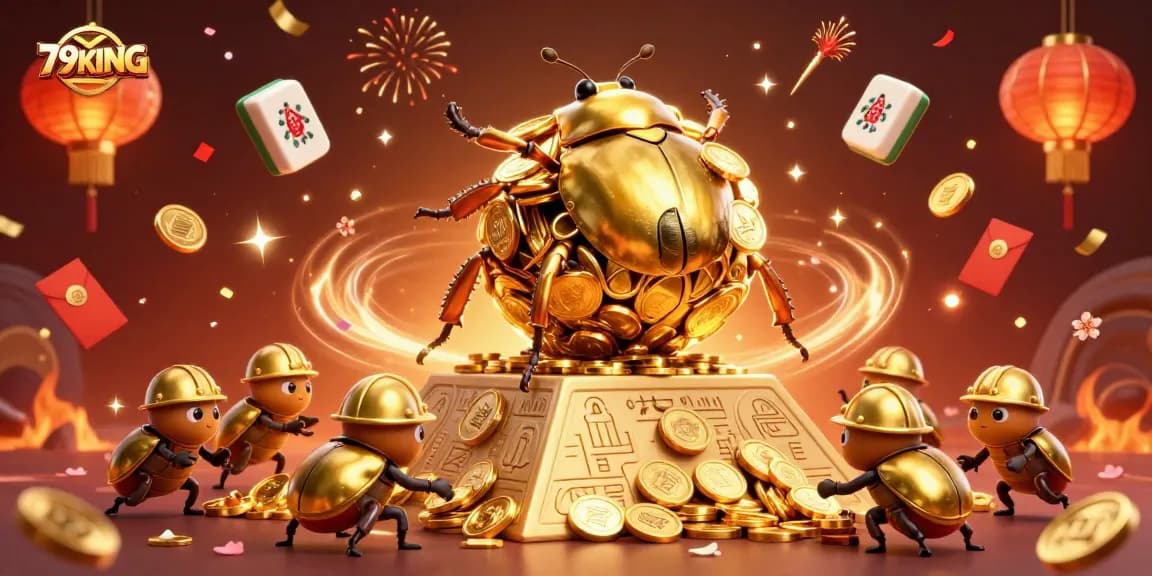 Engage with 79KING as golden beetles roll coin piles in vibrant casino celebration.