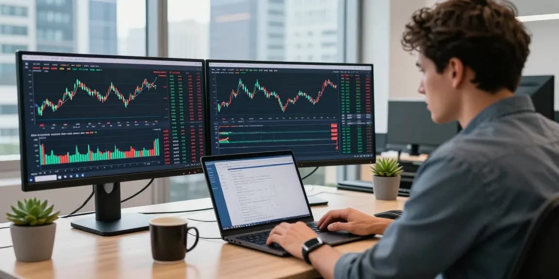 Торговля на платформе биржи BitMEX: трейдер за ноутбуком в современном офисе.