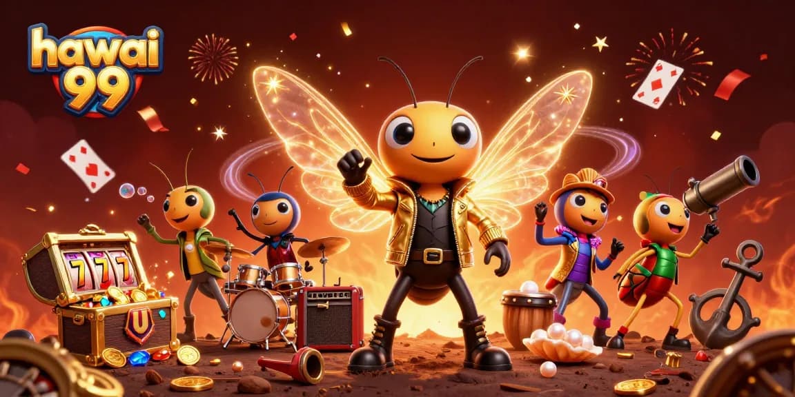 Engage with hawai 99 in this vibrant 3D illustration of a rock star cicada and lively casino elements.