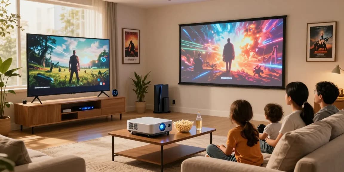 Family enjoying a movie night with the best projector 2026 in a cozy living room setting, showcasing a vibrant display and comfortable ambiance.