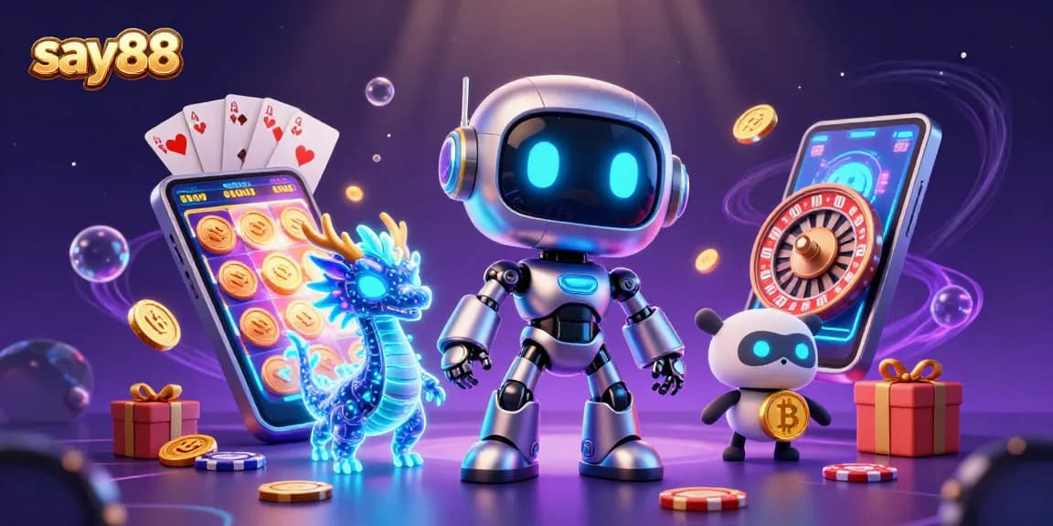 Experience thrilling gaming moments with say88, featuring a dynamic cyberpunk scene of a robot, dragon, and drone with casino elements.