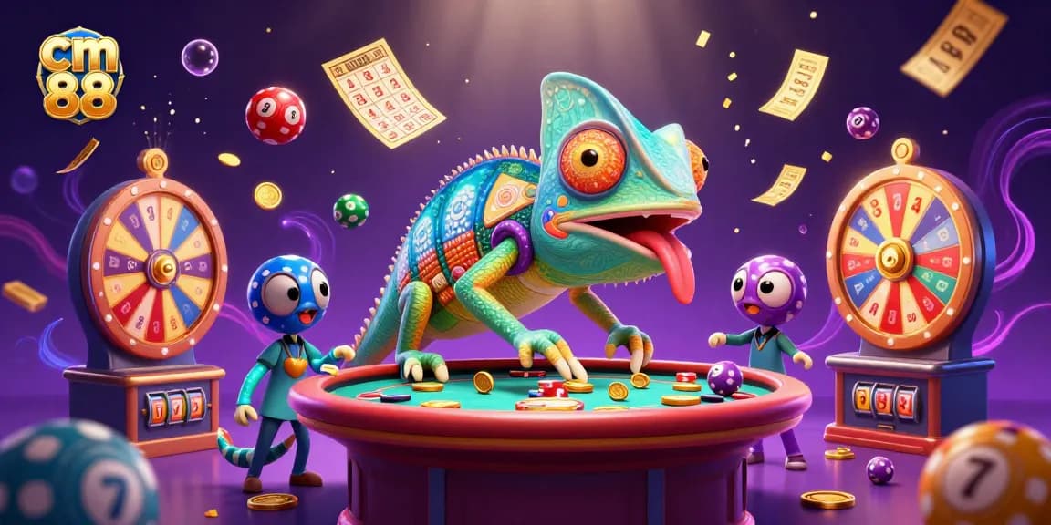 Experience the excitement of cm 88 casino with vibrant games, animated chameleon, and dazzling prizes around.