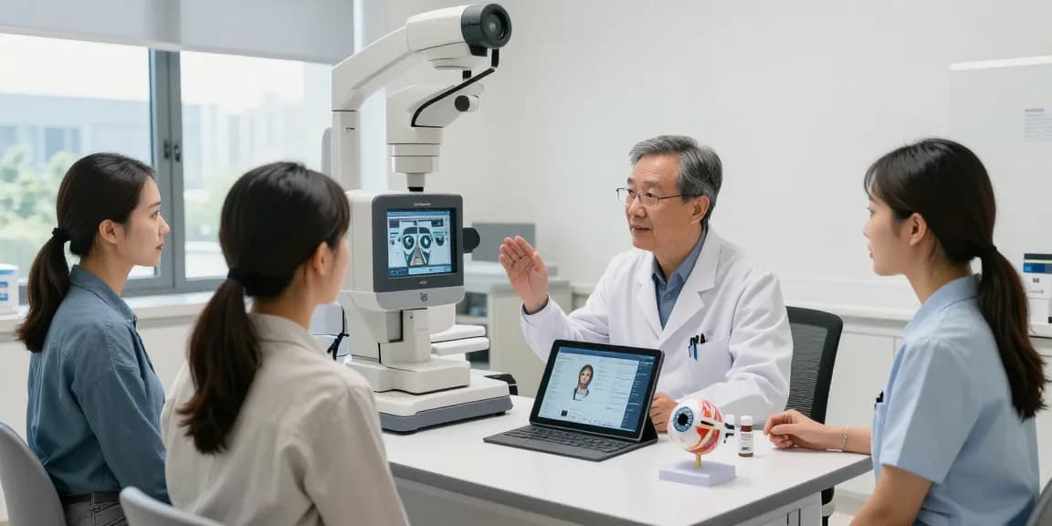 Patient consulting on vision correction treatment with a specialist in a modern eye clinic setting.