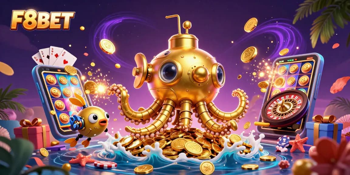 Experience F8BET’s underwater adventure with charming kraken, coins, and vibrant game elements.