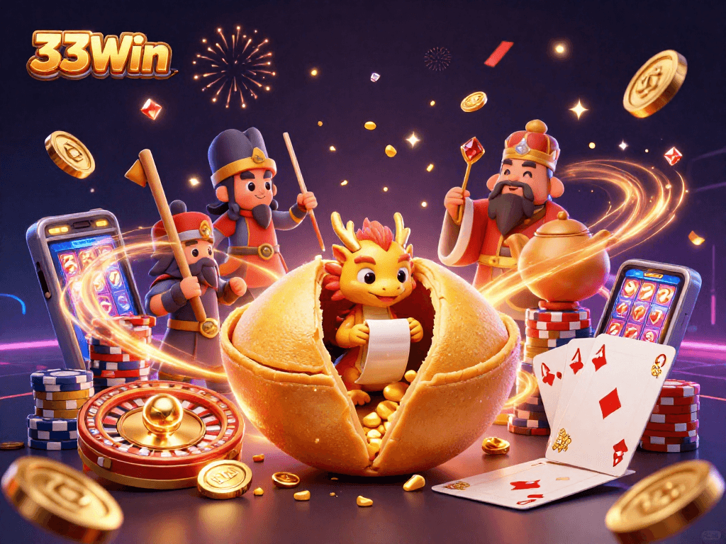 Experience the excitement of 33Win casino games with vibrant visuals of fortune cookies, dragons, and dynamic gambling elements.