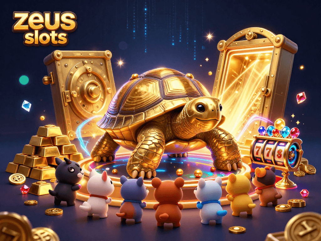 Experience zeus slots with a dynamic scene featuring a golden tortoise, treasure, and engaging slot elements.