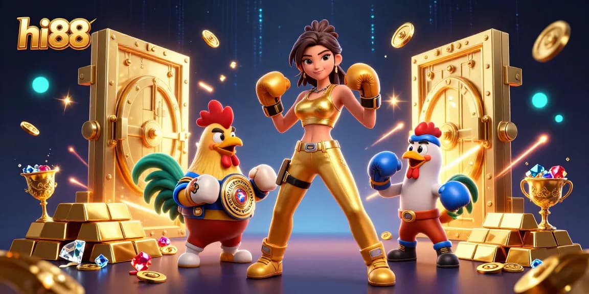 Experience the excitement of gambling at hi88 with a vibrant 3D illustration of a champion woman and rooster.
