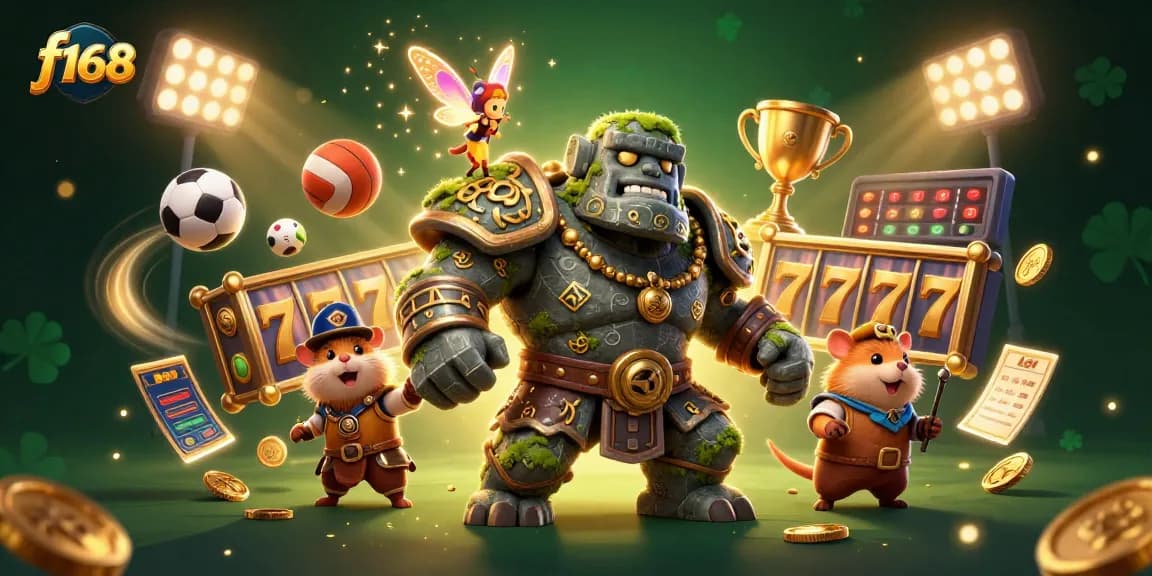 Engage with thrilling f168 slots featuring ancient guardians and magical companions in a vibrant casino illustration.