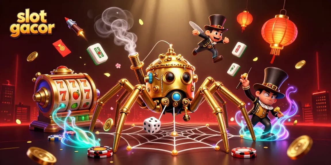 Engage with slot gacor excitement, featuring vibrant characters and dynamic gaming elements in a rich illustration.