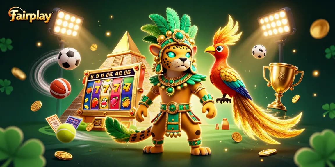 Engage with Fairplay in this vibrant 3D casino illustration featuring jackpot slots and festive elements.