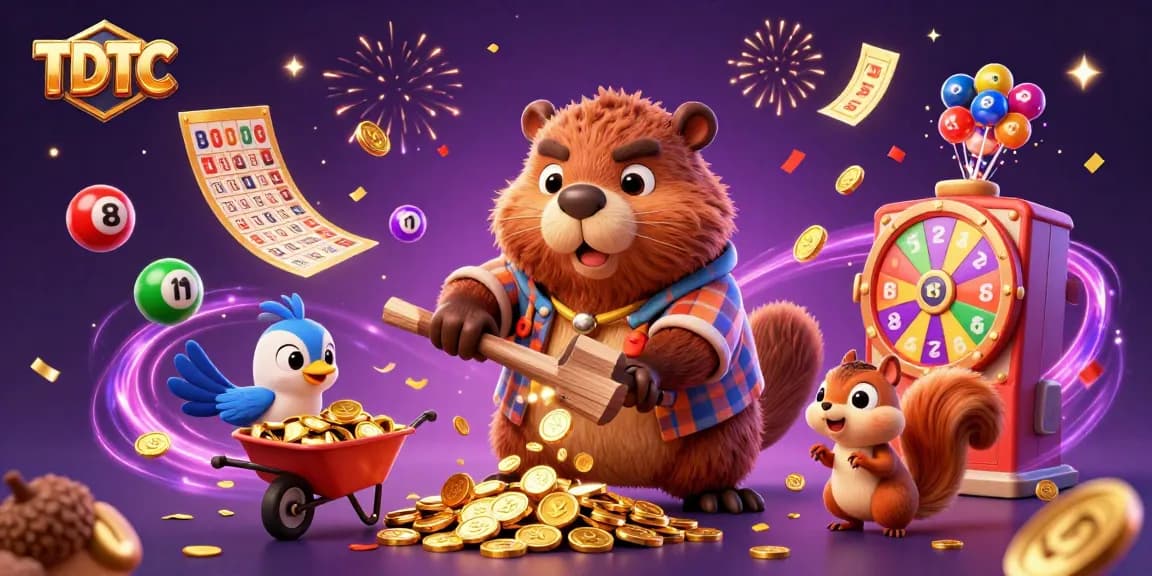 Engage with TDTC and witness a vibrant 3D illustration capturing a beaver collecting coins in a casino-themed adventure.