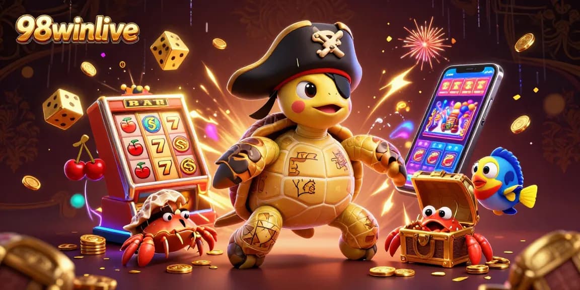 98winlive showcases an exciting 3D casino adventure with cartoon characters celebrating winning jackpots.