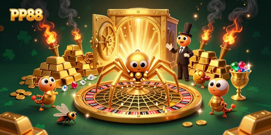 Engaging PP88 scene with a golden spider dealer, fly player, and treasure elements in vibrant casino setting.