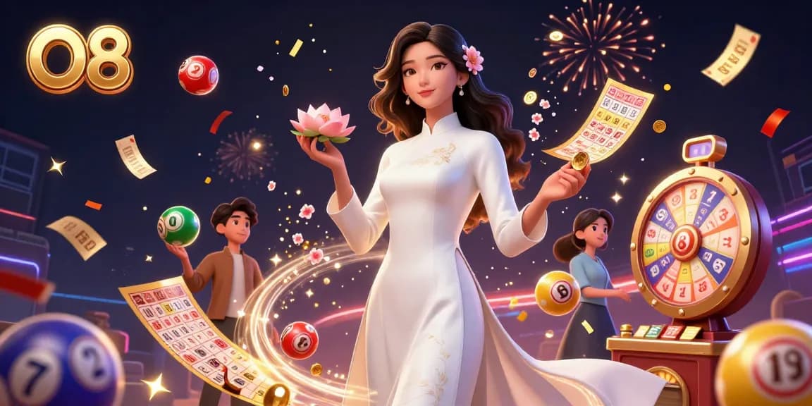 Engage with O8's premier online casino featuring vibrant lottery elements and a stunning celebration atmosphere.