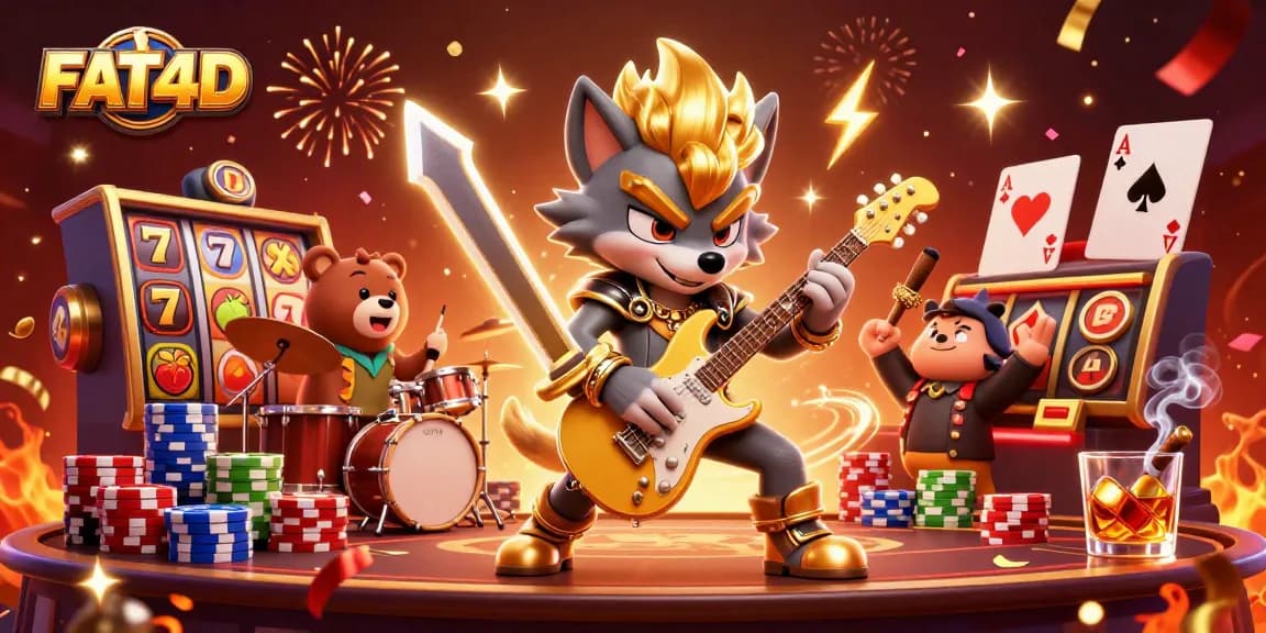 FAT4D showcases a vibrant scene with a rock star wolf in a casino, blending slots, confetti, and dynamic characters.