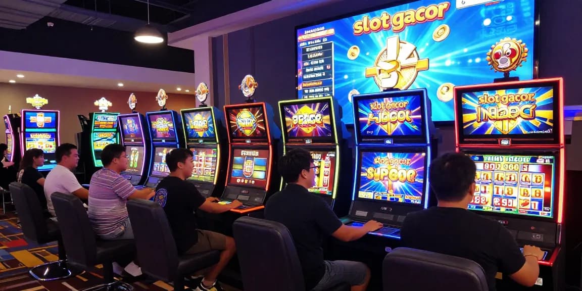 Pengalaman bermain slot gacor di kasino online yang ramai dan penuh warna, dengan pemain terlibat dalam berbagai permainan menarik dan suasana yang mengasyikkan.
