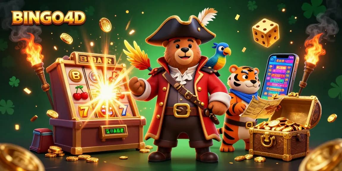 Menggali kemenangan di BINGO4D dengan karakter beruang bajak laut, harimau, dan burung beo mempesona.