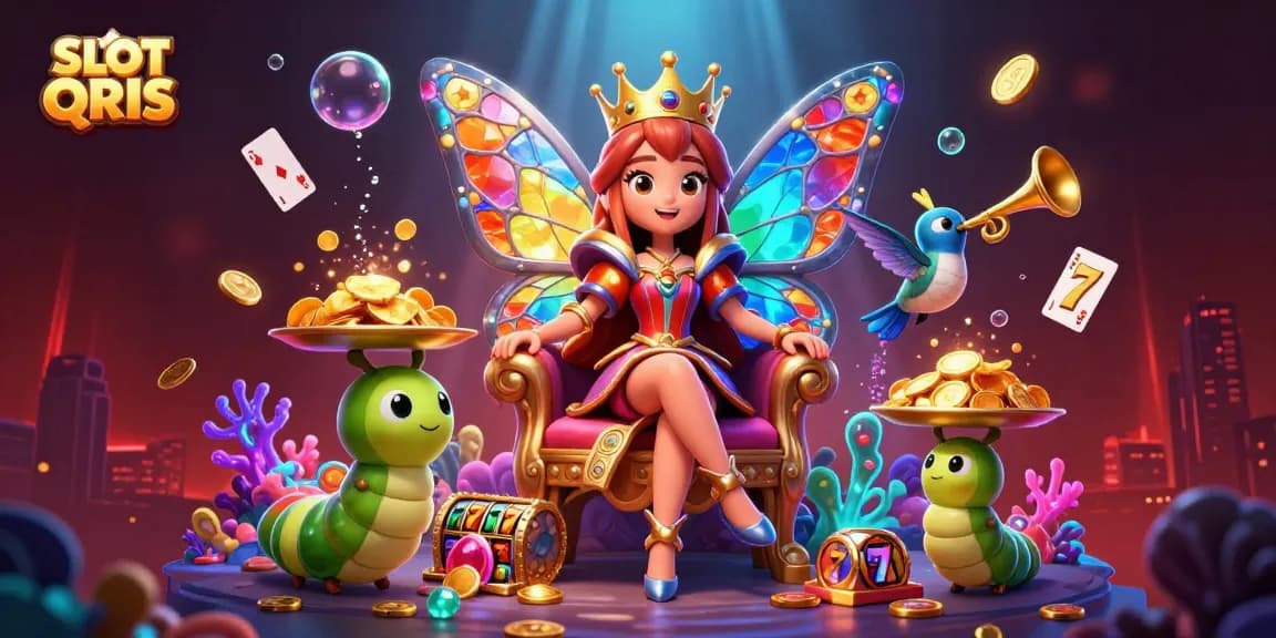 Experience exciting SLOT QRIS games with vibrant characters and dynamic elements in this colorful casino illustration.