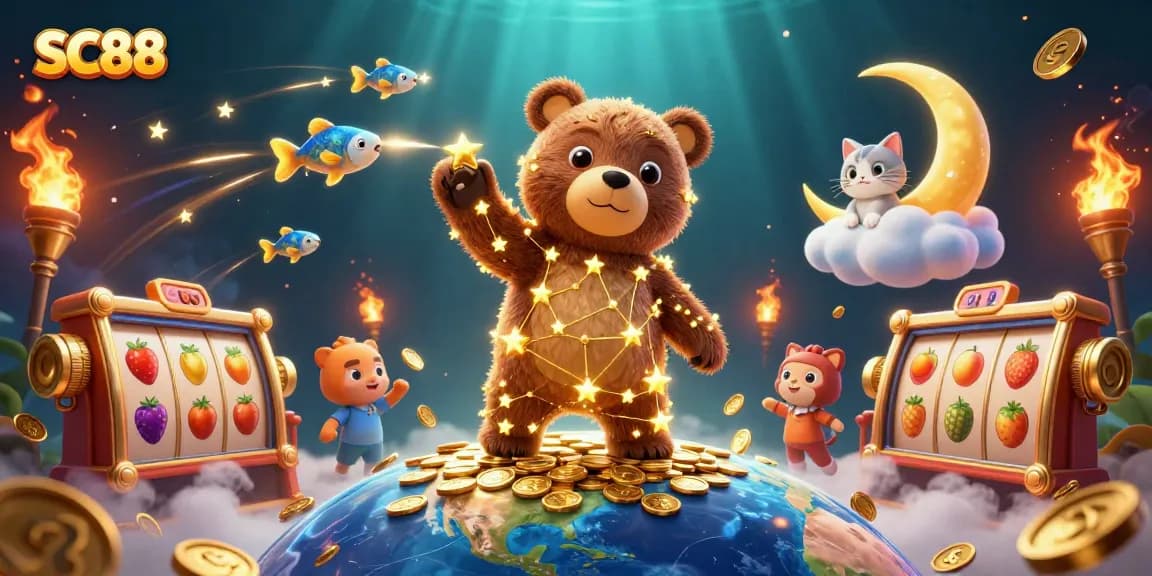 Watch SC88's constellation bear scoop coins amidst a vibrant jackpot scene filled with dynamic slot reels.