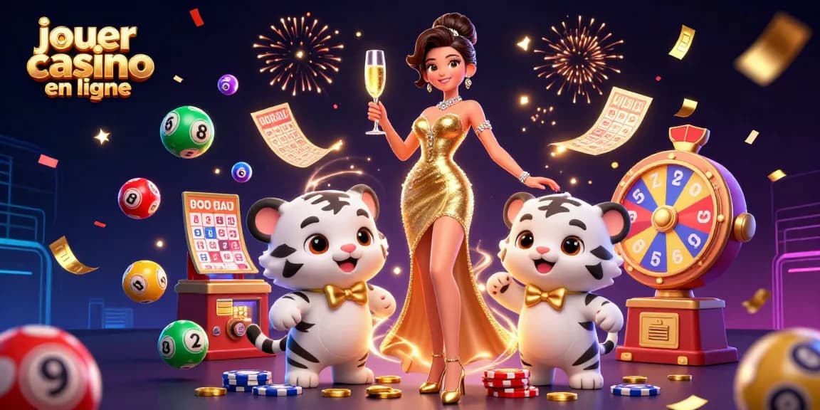 Experience excitement as you jouer au casino en ligne with a glamorous scene featuring a woman and a lucky tiger cub.