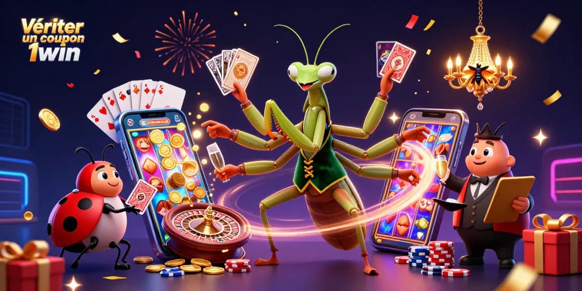 Vérifier un coupon 1win avec une illustration dynamique de jeux de casino, mettant en scène un cambrioleur!