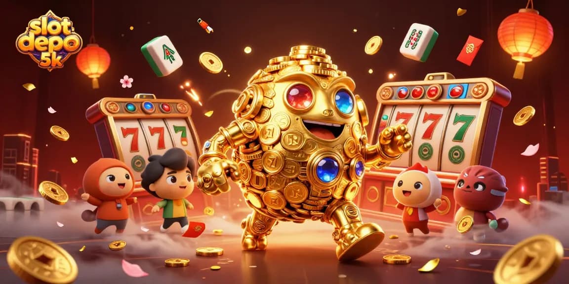 Experience thrilling wins with slot depo 5k featuring a golden golem and vibrant casino elements.