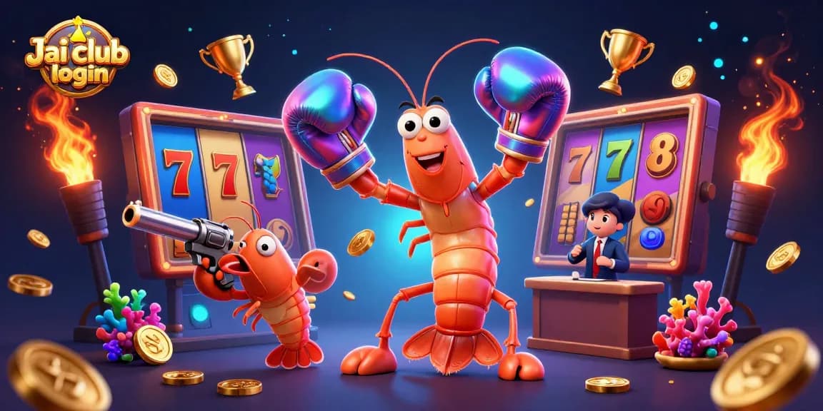 Engage with thrill at Jai club login, featuring 3D characters in vibrant casino scene with slot reels and gold coins.