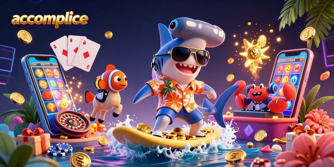 Engage with the vibrant gaming scene at accomplice featuring a shark surfing gold coins while celebrating casino wins.