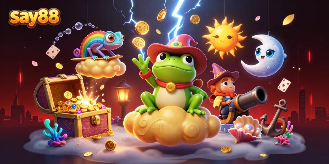 Experience the thrill of say88 with a magical storm of coins in a vibrant 3D casino scene.