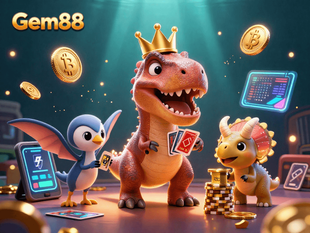 Experience Gem88 with playful T-Rex and friends in a colorful casino scene with crypto elements