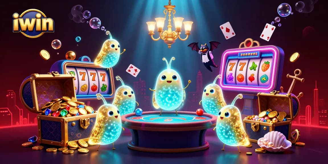 iwin's vibrant casino illuminated by glowworms and lively poker action with dynamic game elements