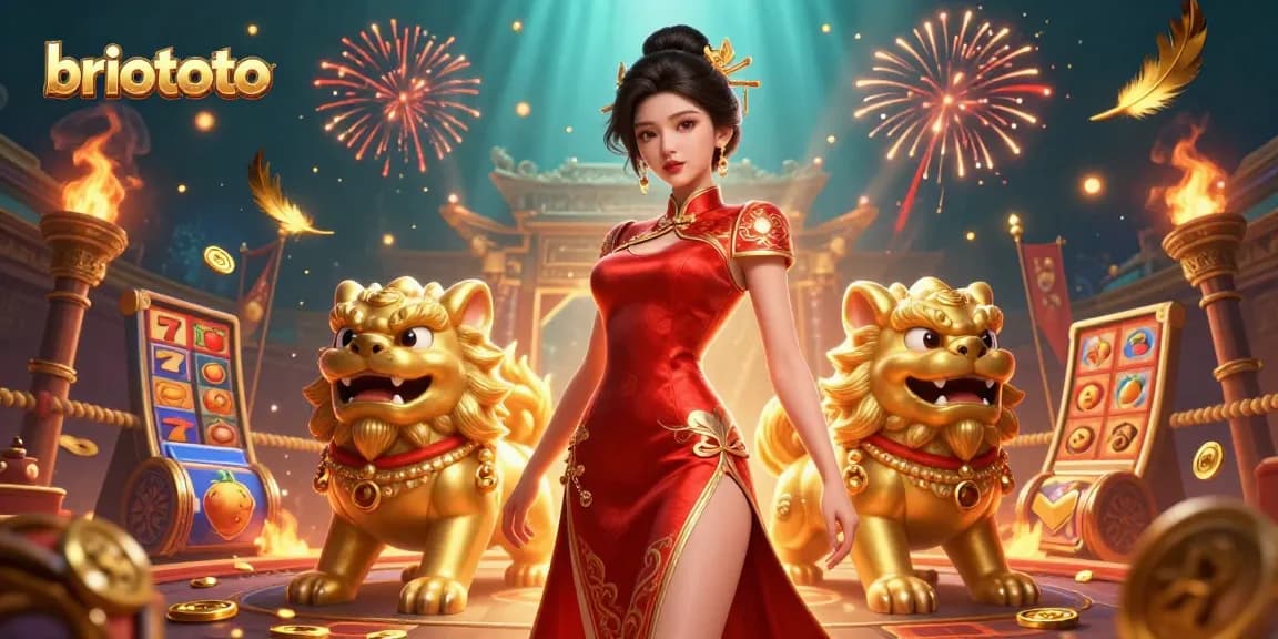 Briototo showcases a glamorous casino scene with an Asian woman surrounded by slot game elements and lively fireworks.