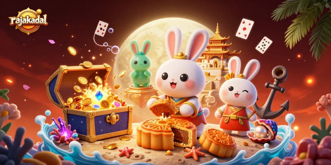 Melihat permainan kasino online di rajakadal, dengan kelinci bulan membuat kue bulan emas dan chip poker.