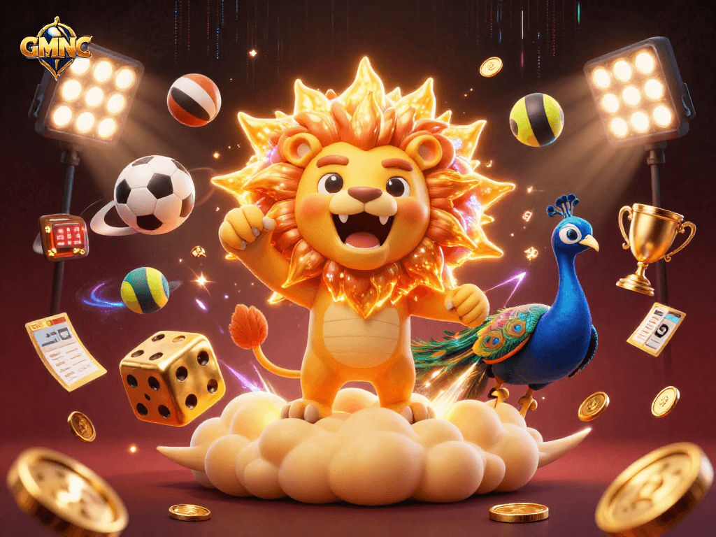 Engage with GMNC in this vibrant 3D depiction of a cartoon sun lion amidst dynamic sports betting elements.