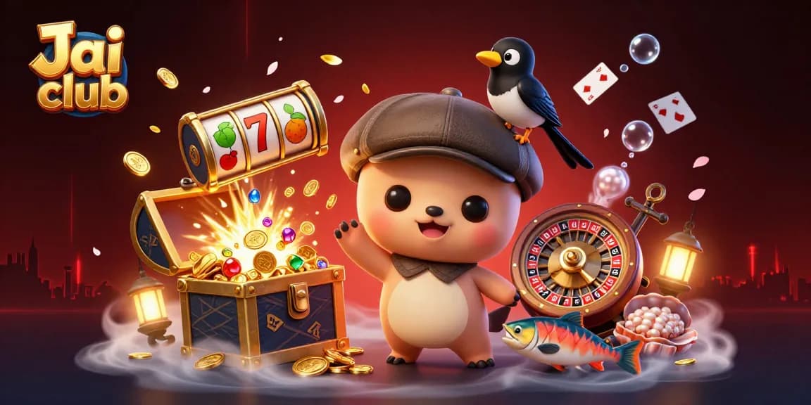 Engage with Jai club's playful scene featuring a cute Loch Ness monster and vibrant casino elements.