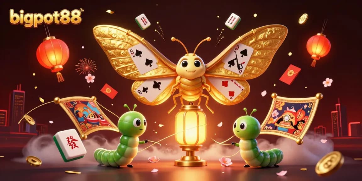 Experience the excitement of bigpot88 with dazzling casino elements featuring an atlas moth, lanterns, and golden treasures.