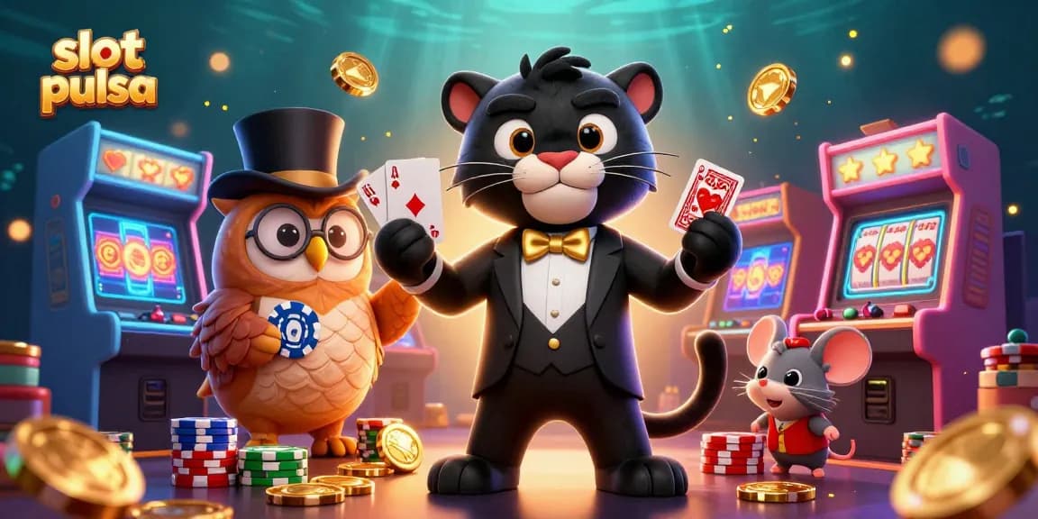 Experience the thrill of slot pulsa with a charming 3D panther dealer and playful characters surrounding vibrant gaming elements.
