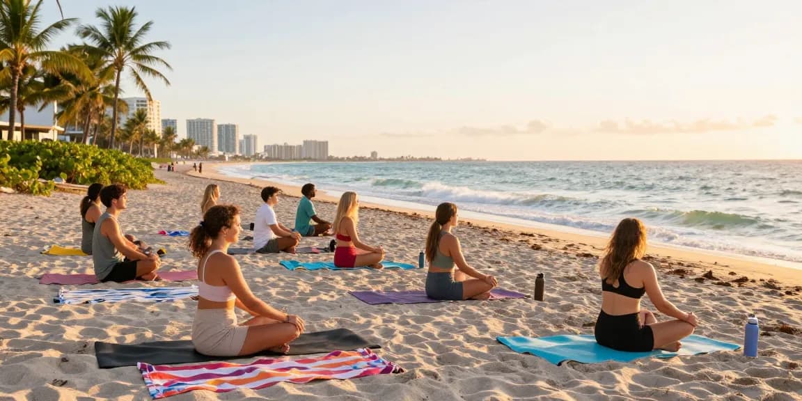 Kelompok pelancong di https://miami4d.com/ melakukan yoga di pantai Miami saat matahari terbit, suasana ceria dan santai.