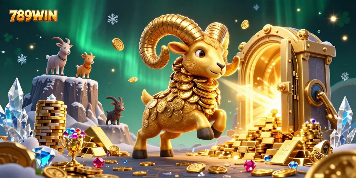Engage with 789WIN's thrilling atmosphere featuring a golden ram amidst treasures and casino delights.