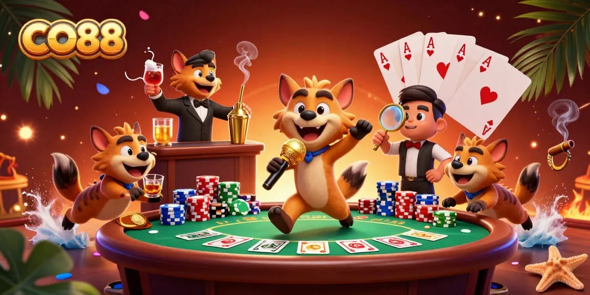 Engage with CO88's vibrant comedy casino scene featuring hyenas at a lively poker night.
