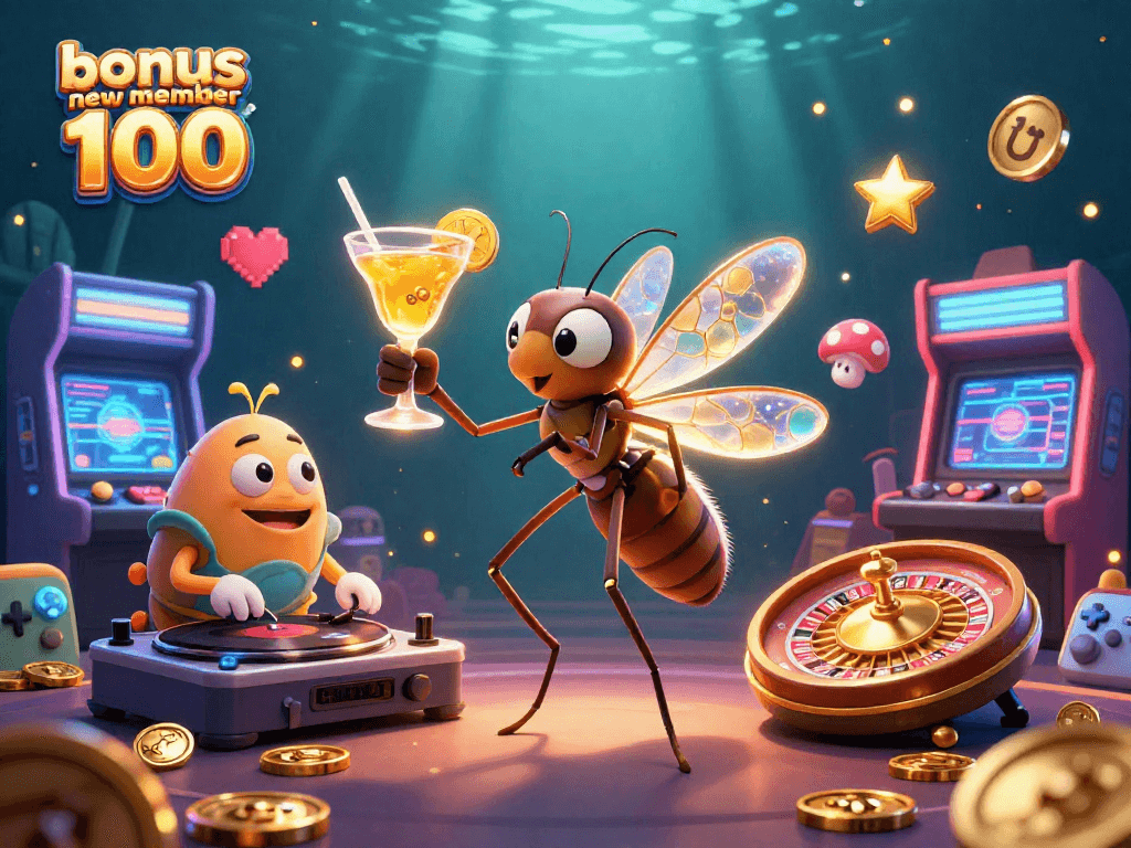 Engage with bonus new member 100 and experience vibrant casino action amidst colorful game elements and dynamic characters.